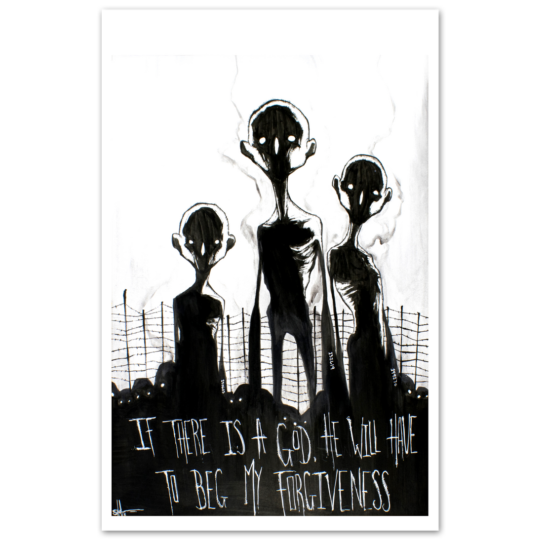 Any Means Necessary Clothing "If There Is A God" poster featuring bold text design on 11x17 paper.