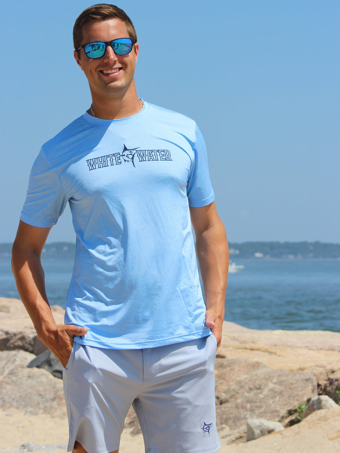 White Water Life Bimini Primary Performance Tee, short sleeve shirt in white with Bimini logo, casual athletic style.