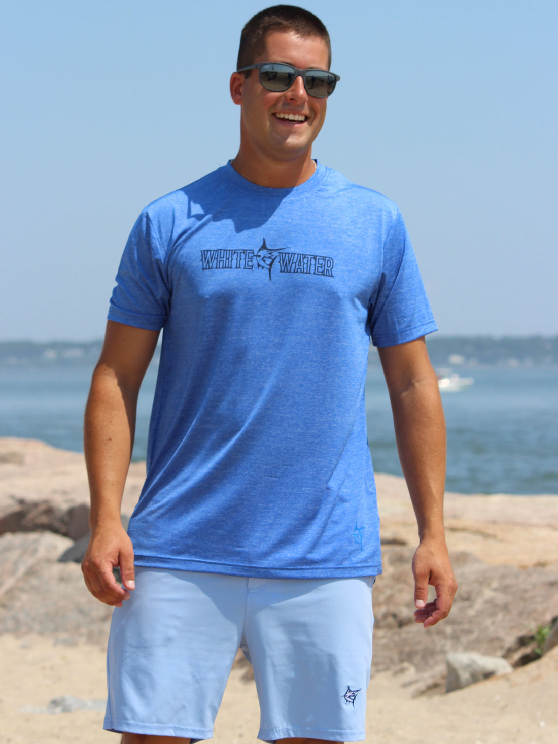 White Water Life Bimini Primary Performance Tee with short sleeves, casual fit and breathable fabric, shown in navy blue.