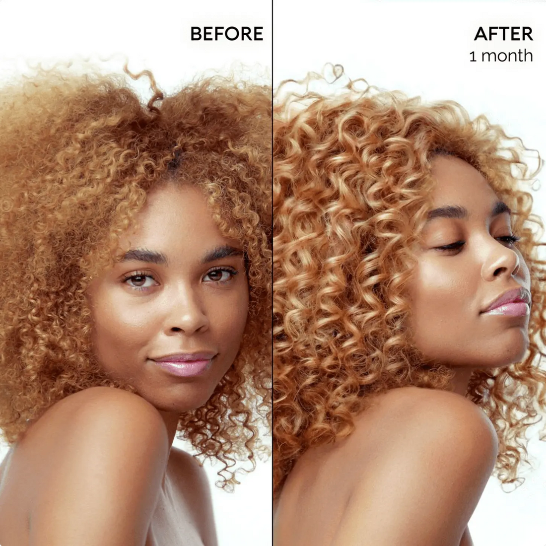 Before and after images showing Maree keratin hair treatment results with biotin for smooth, shiny, frizz-free hair.