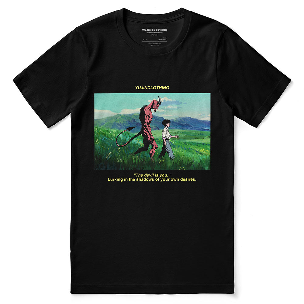 Yūjin Clothing Devil and Boy T-Shirt featuring a graphic print of a devil and a boy on soft fabric.