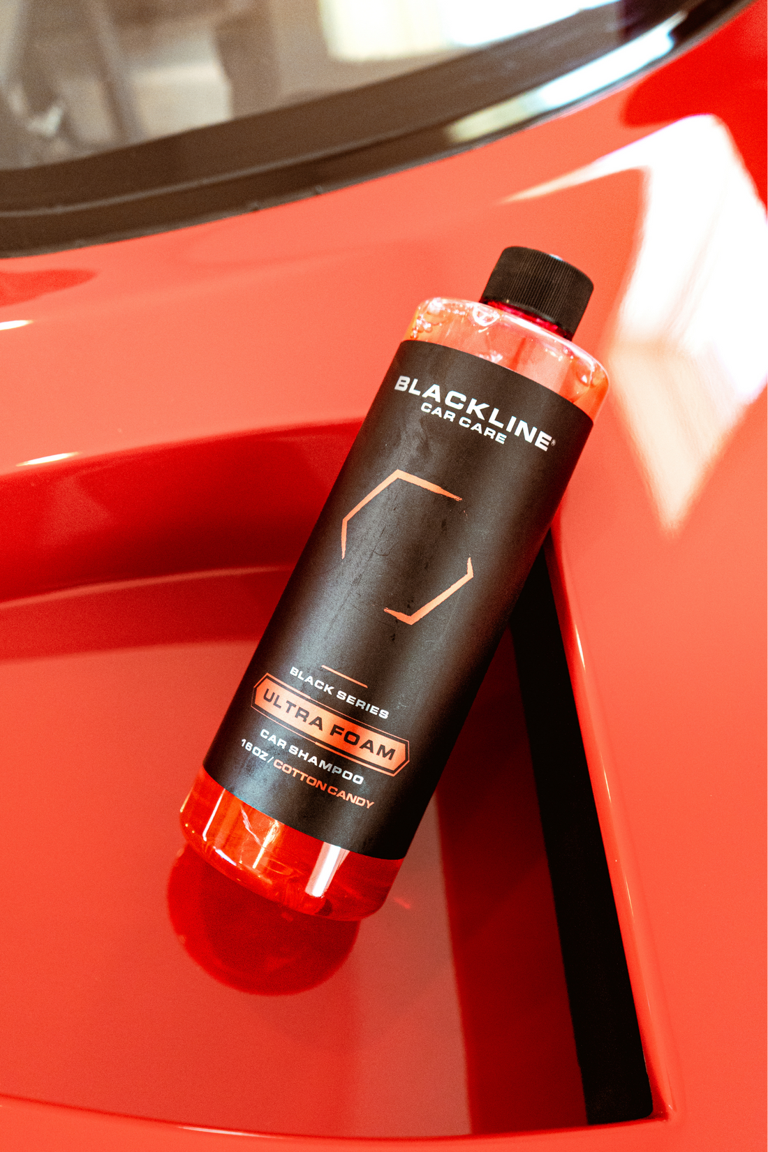 Blackline Car Care BLACKLINE® Ultra Foam car shampoo in a 16oz bottle with cotton candy scent and rich foam for vehicle cleaning.