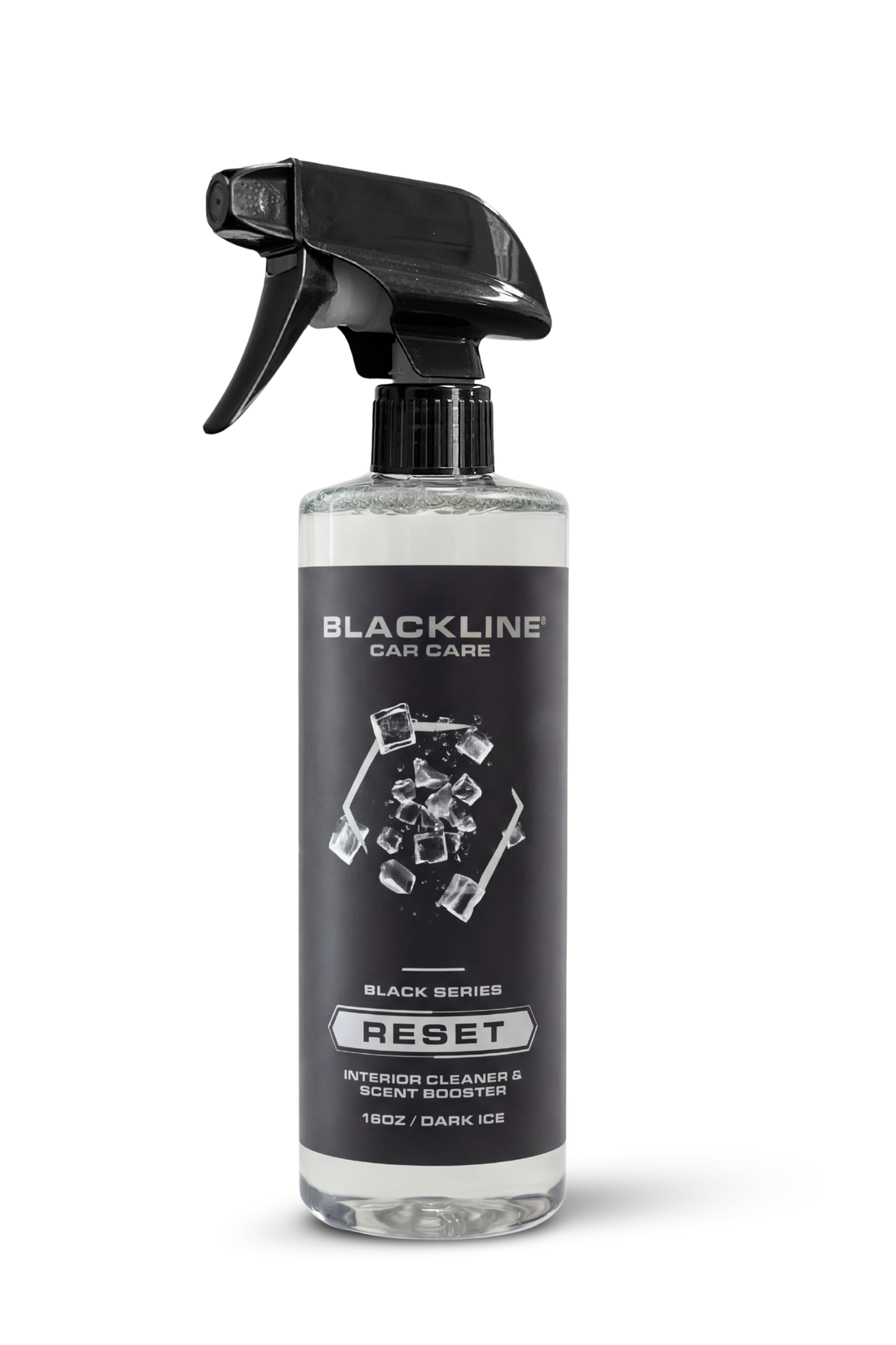 Blackline Car Care BLACKLINE® Reset interior cleaner and scent booster bottle for car cleaning and freshening.