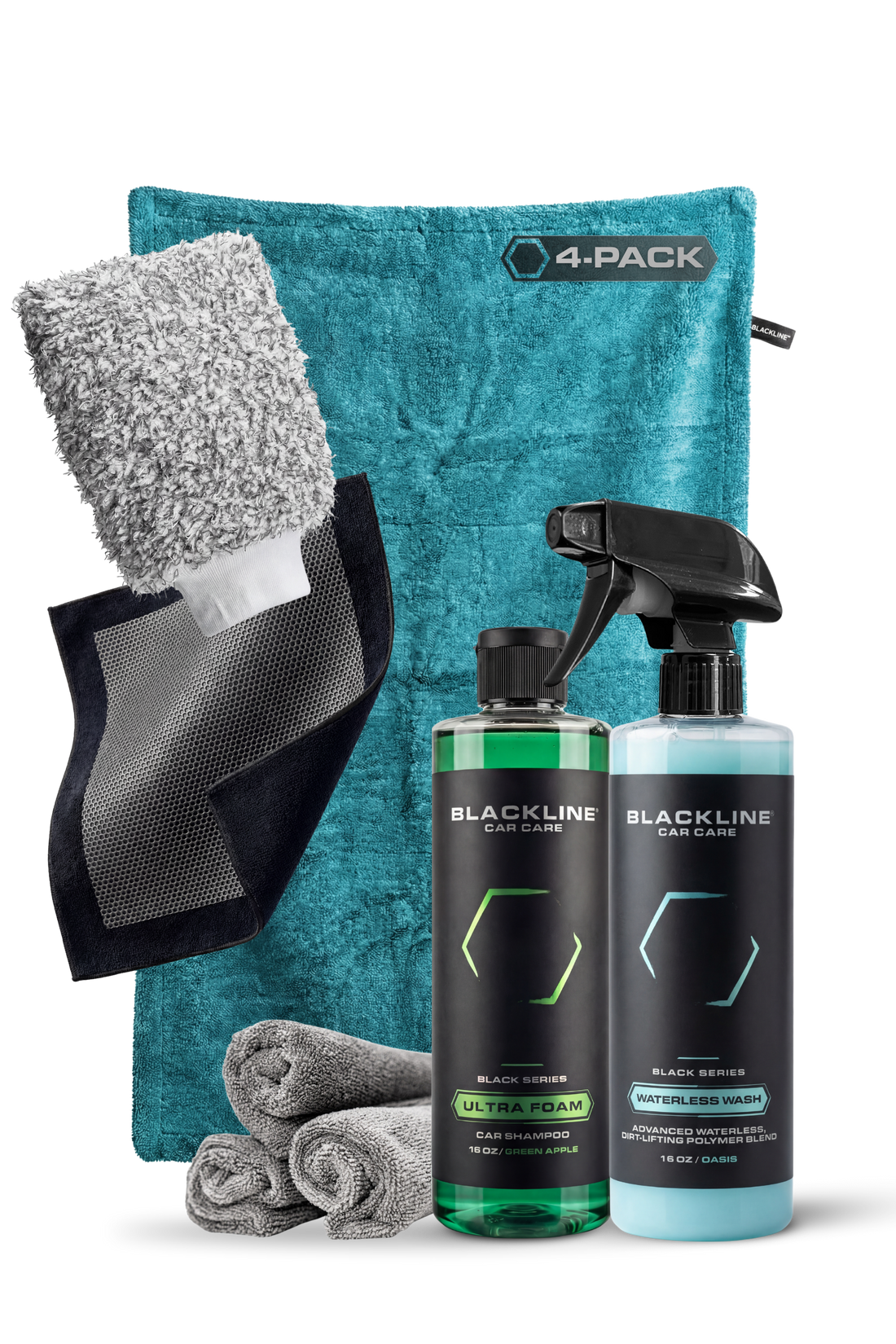 Aqua blue BLACKLINE® twisted-loop drying towel bundle by Blackline Car Care, showing four soft, absorbent drying towels.