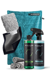 Aqua blue BLACKLINE® twisted-loop drying towel bundle by Blackline Car Care, showing four soft, absorbent drying towels.