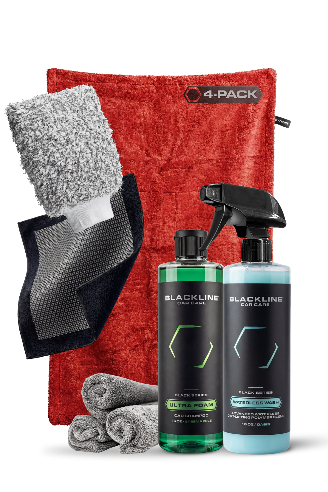 Four Crimson Red BLACKLINE® twisted-loop drying towels from Blackline Car Care, designed for efficient vehicle drying.