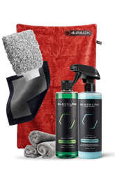 Four Crimson Red BLACKLINE® twisted-loop drying towels from Blackline Car Care, designed for efficient vehicle drying.