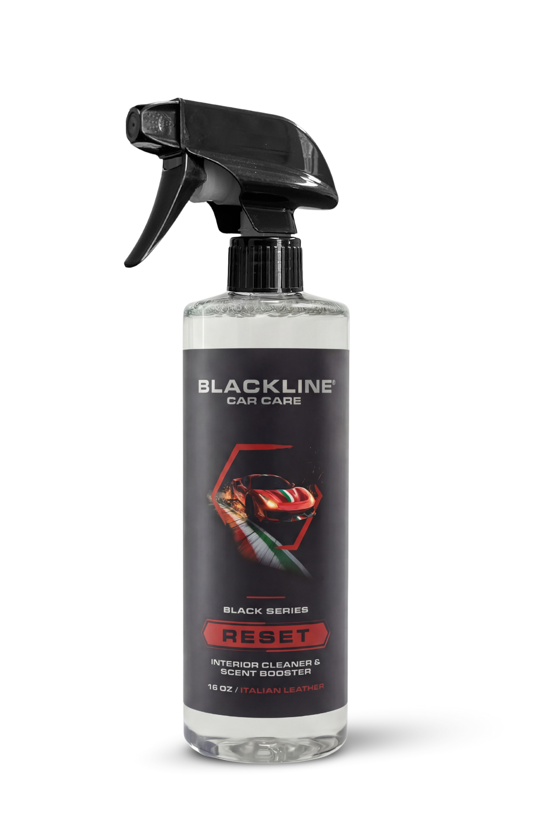 Blackline Car Care BLACKLINE® Reset interior cleaner and scent booster in 16oz bottle, designed for car interior cleaning and freshening.