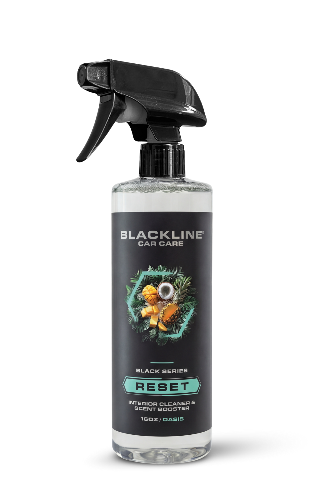 Blackline Car Care BLACKLINE® RESET interior cleaner and scent booster in a 16 oz bottle, designed for freshening car interiors.