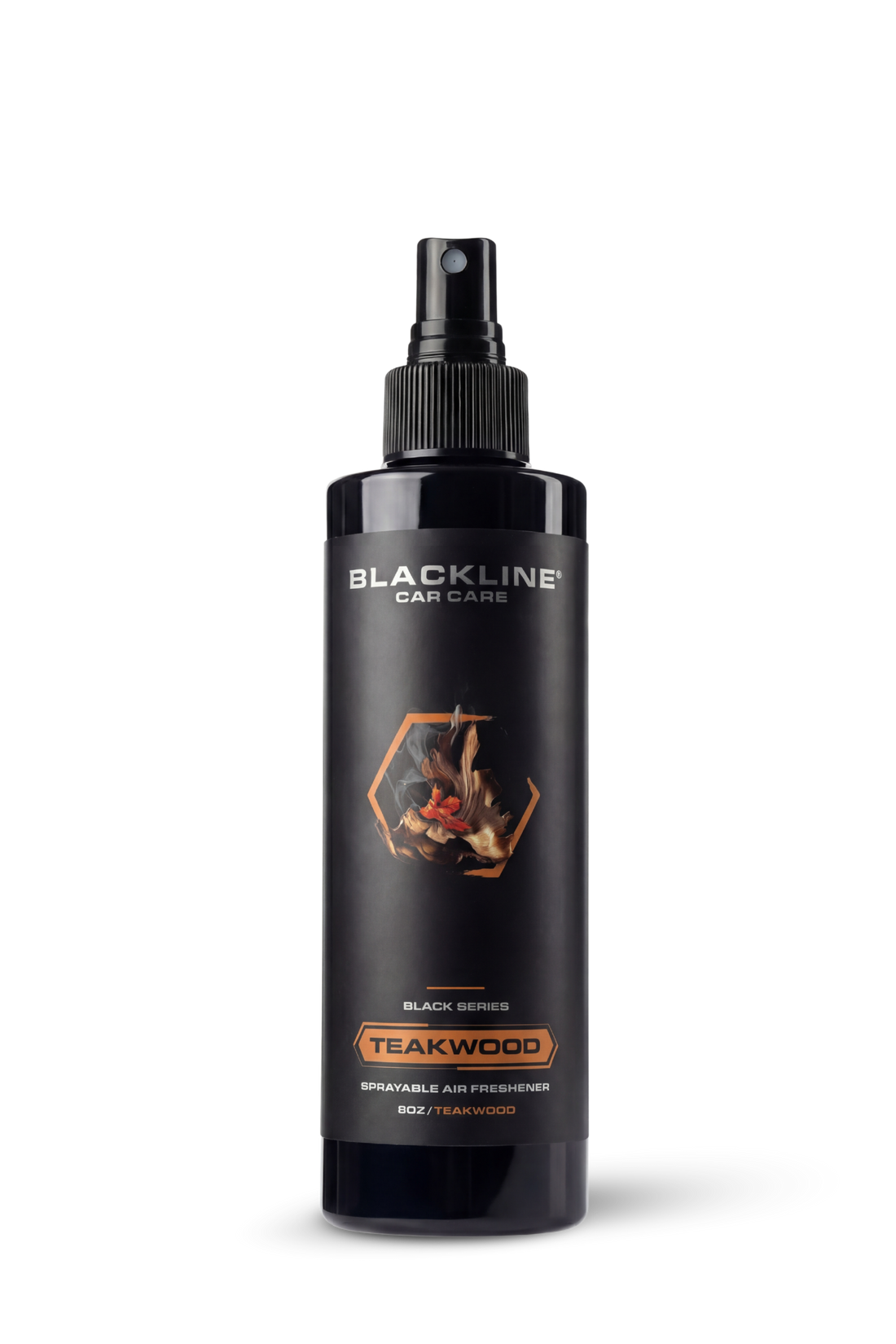 Blackline Car Care BLACKLINE® 8oz teakwood car air freshener hanging in a vehicle interior, providing fresh and clean scent