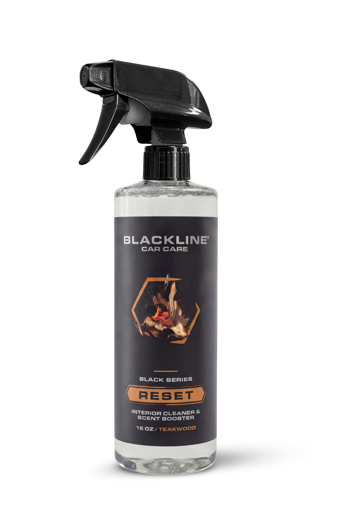 Blackline Car Care BLACKLINE® Reset interior cleaner and scent booster bottle, 16 oz, with teakwood scent label.