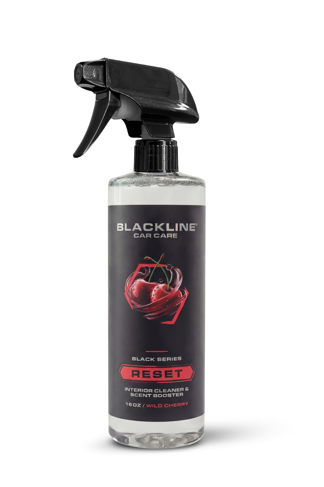 Blackline Car Care BLACKLINE® RESET interior cleaner and scent booster in a 16oz bottle, featuring a wild cherry scent.