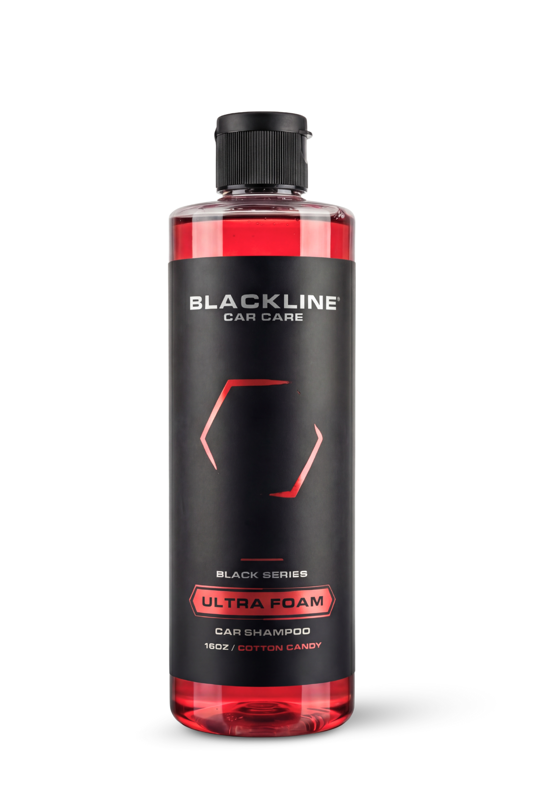 Blackline Car Care BLACKLINE® Ultra Foam car shampoo in a 16oz bottle with vibrant pink foam for effective cleaning.