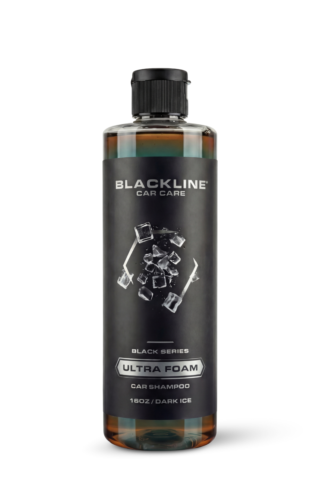 Blackline Car Care BLACKLINE® Ultra Foam car shampoo in a 16oz bottle with dark ice-colored foam for cleaning cars.