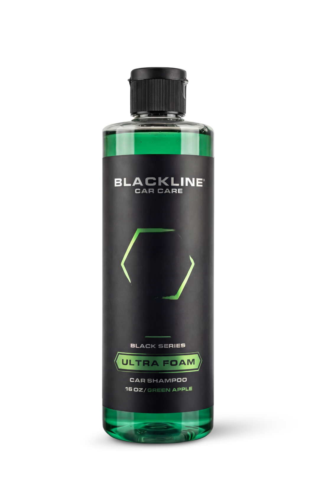 Blackline Car Care BLACKLINE® Ultra Foam car shampoo in a 16oz green bottle with a pump dispenser and label.