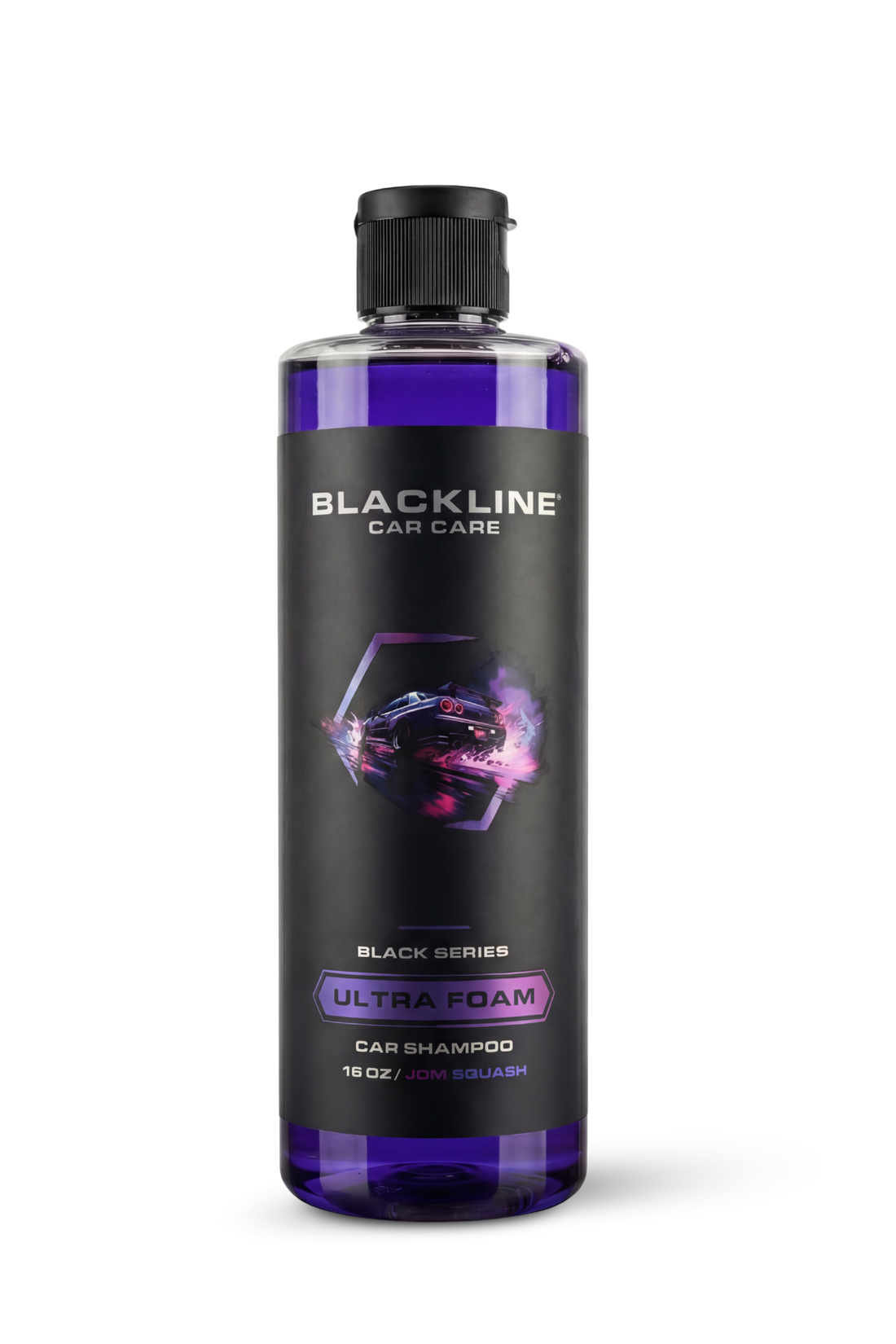 Blackline Car Care BLACKLINE® Ultra Foam car shampoo bottle with black and white label and 16oz size.