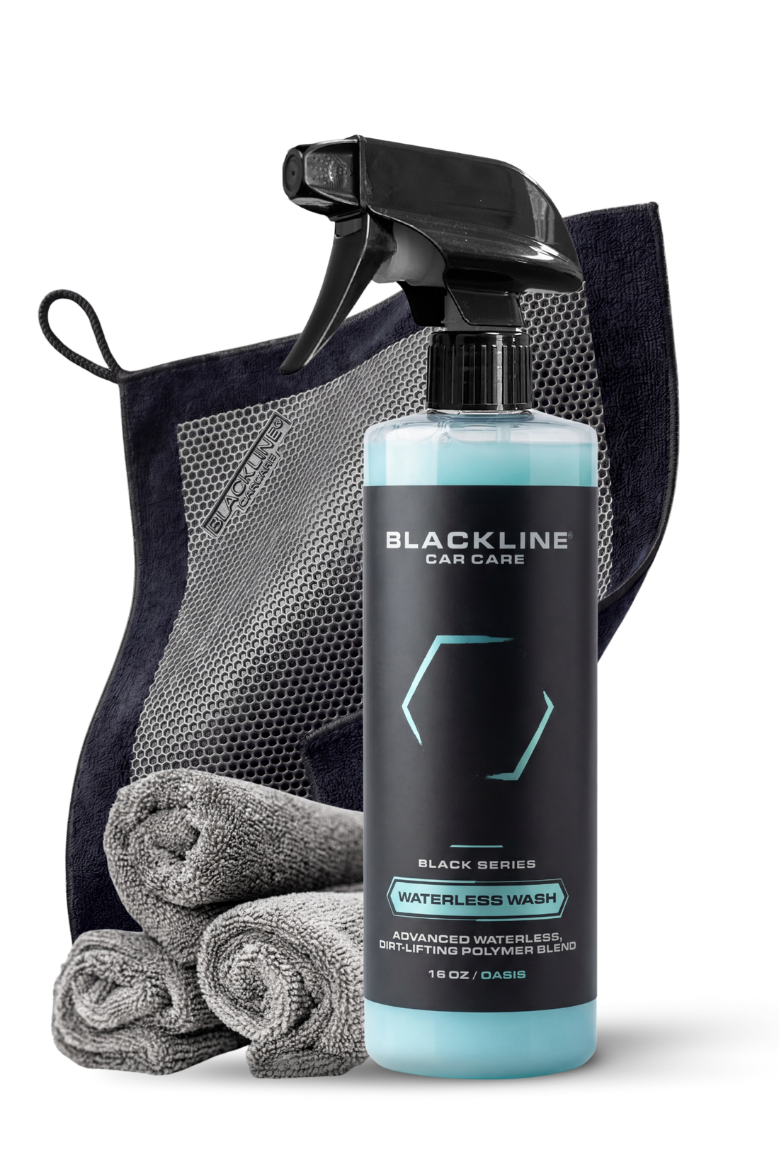 Blackline Synthetic Clay Towel from Blackline Car Care kit, showing a black microfiber clay towel on a white background.