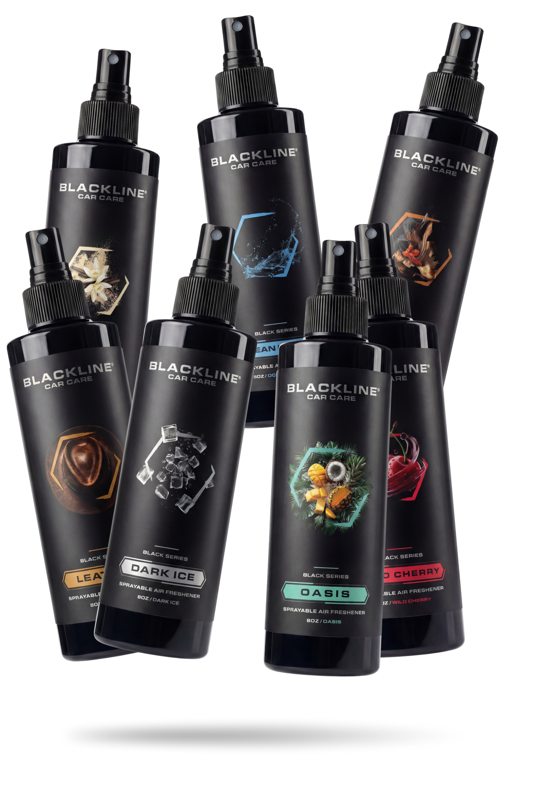 Blackline Car Care BLACKLINE® 8oz air freshener in a sleek bottle, designed to freshen car interiors with a pleasant scent.