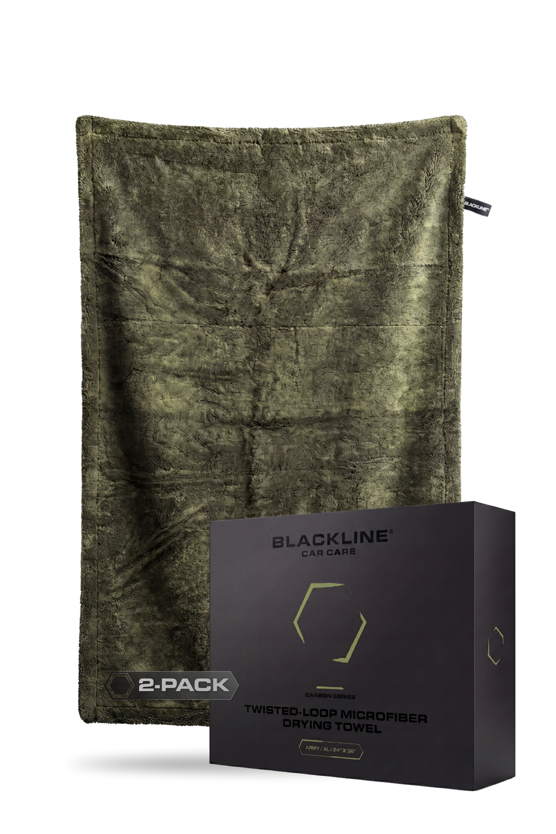 Blackline Car Care twisted-loop drying towel in army green, lightweight and absorbent for drying vehicles effectively.