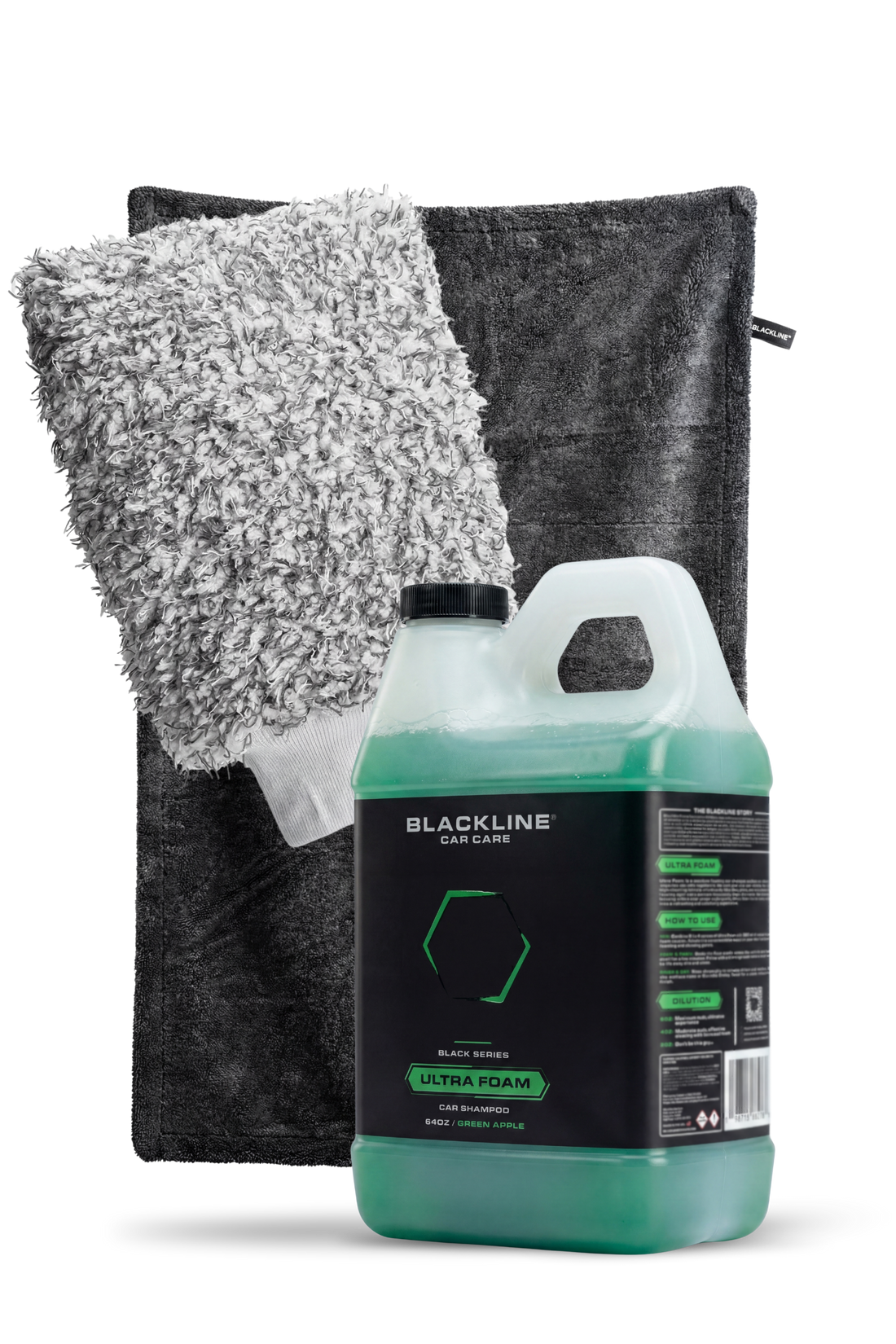 Blackline Car Care BLACKLINE® Ultra Foam car shampoo and drying towel bundle, showing the foam bottle and two microfiber towels.