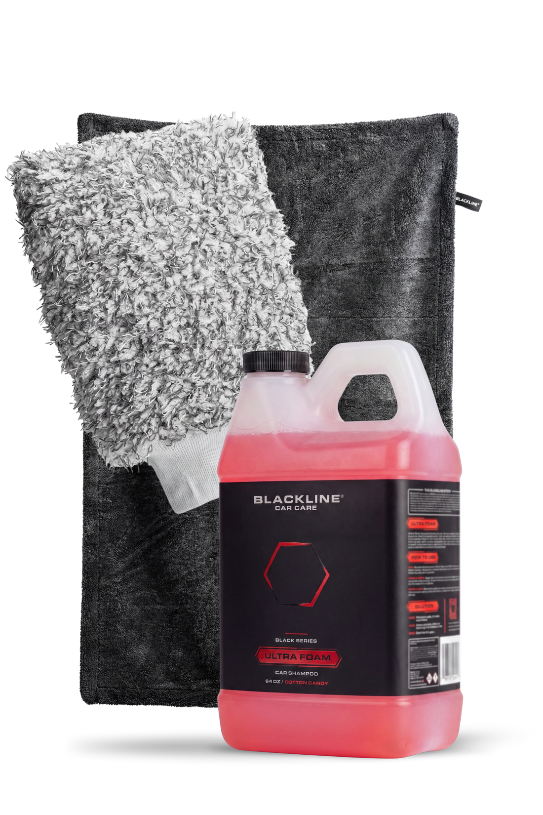Blackline Car Care Blackline® Ultra Foam car shampoo with a drying towel bundle showing two microfiber towels on a white background.