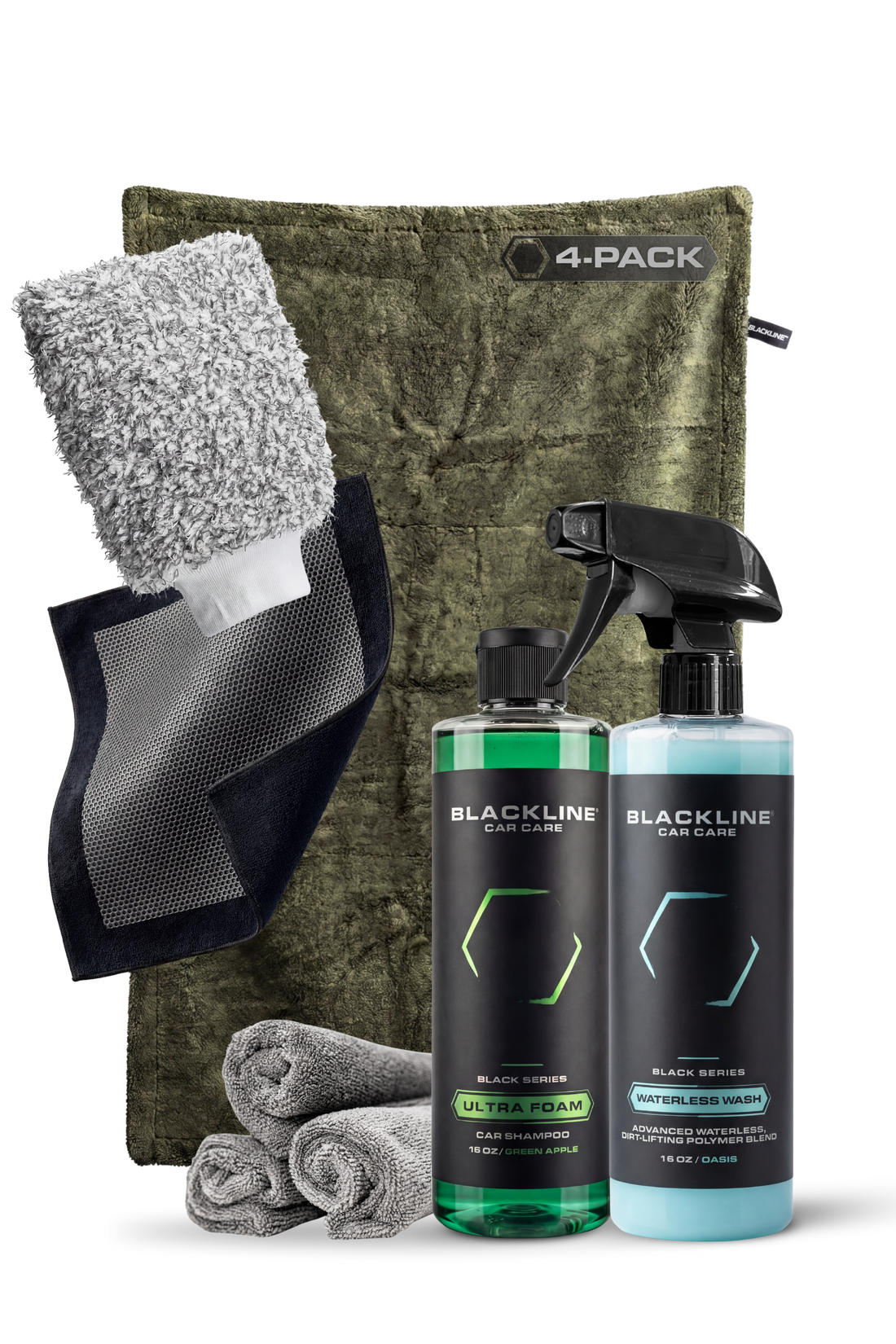 Blackline Car Care BLACKLINE® Twisted-Loop Drying Towels in a 4-pack bundle, showing soft, absorbent microfiber towels for vehicle drying.