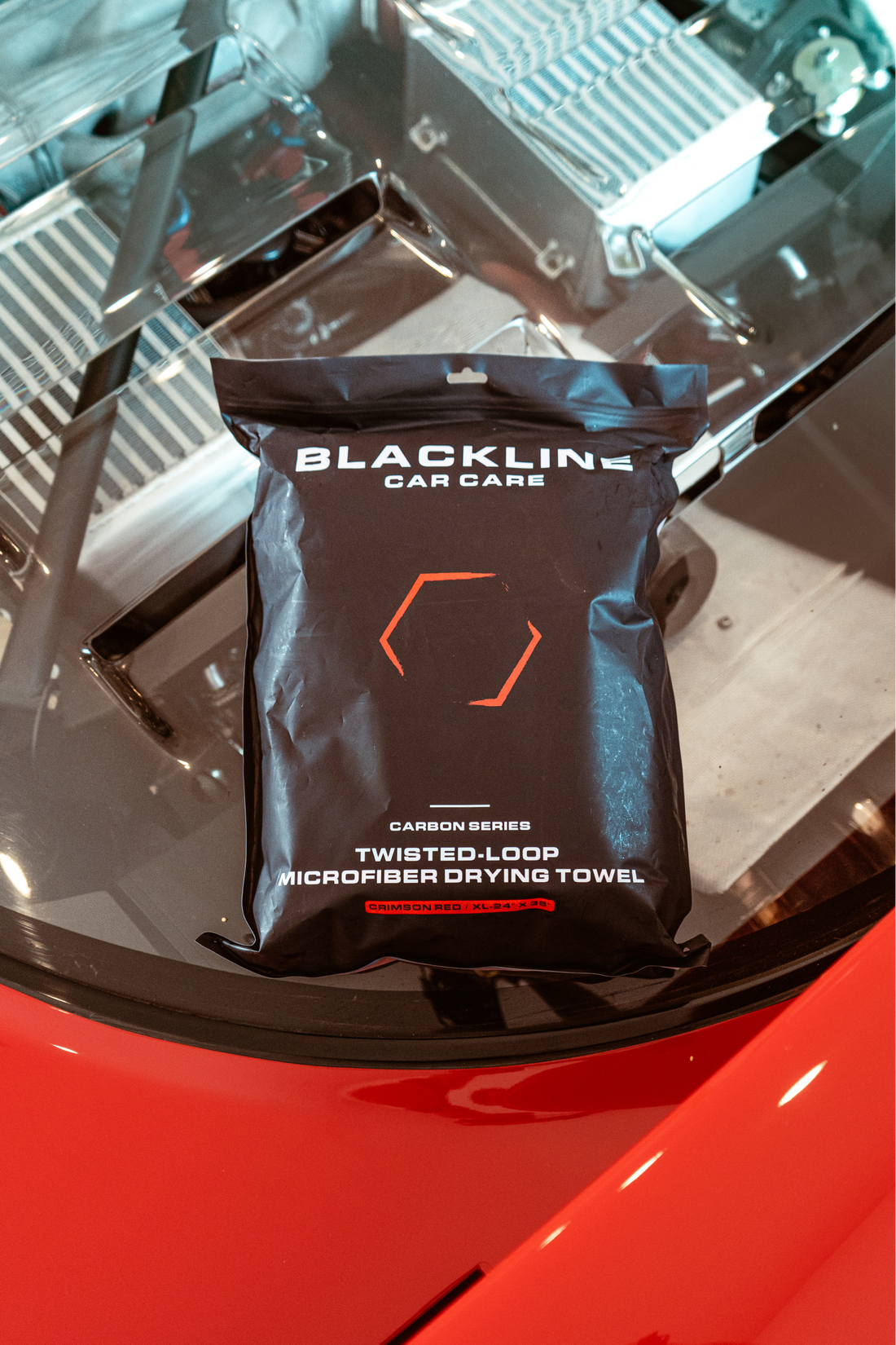 Blackline Car Care BLACKLINE® Twisted-Loop Drying Towel inside its packaging, showing the high-quality microfiber material for vehicle drying.