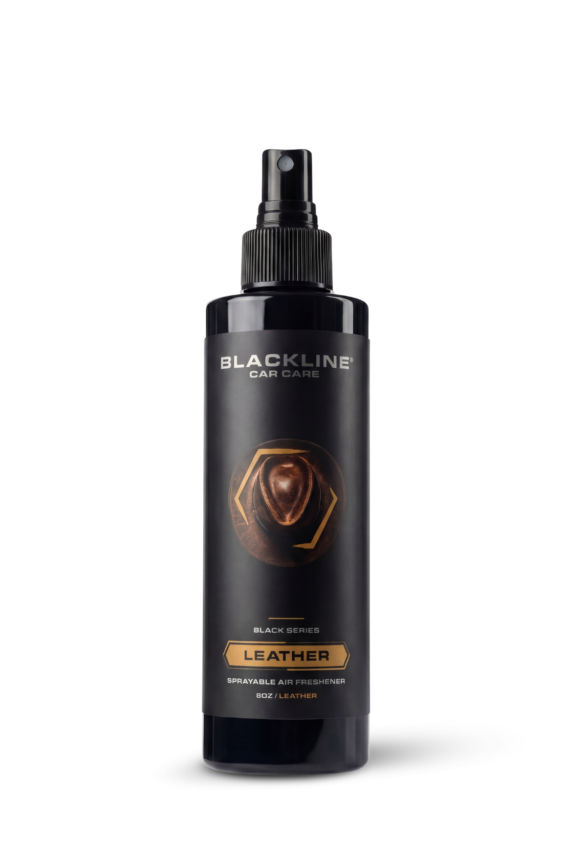 Blackline Car Care BLACKLINE 8oz Leather Air Freshener for cars, featuring a sleek black bottle with a leather scent label.