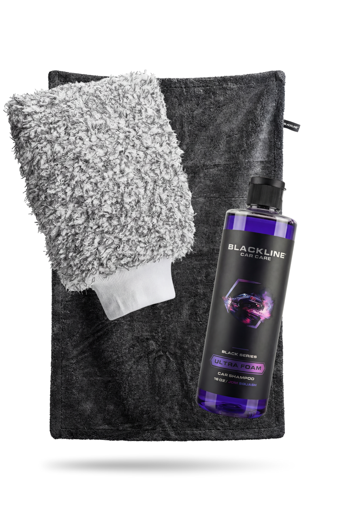 Blackline Car Care BLACKLINE® Ultra Foam car shampoo in a complete cleaning system with foam applicator and shampoo bottles.