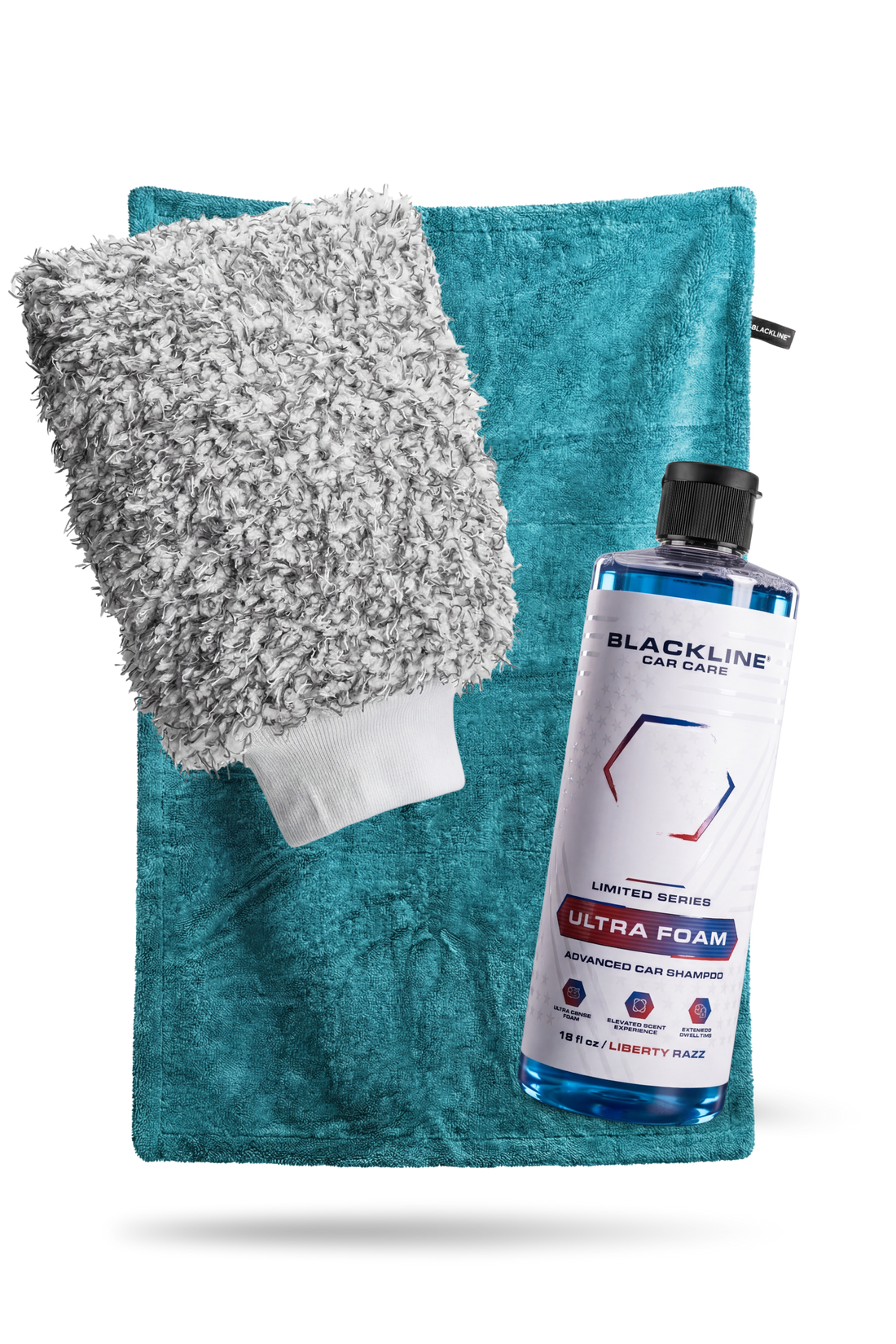 Blackline Car Care ULTRA FOAM car shampoo in 16oz bottle, featuring a vibrant Liberty Razz color and complete cleaning system.
