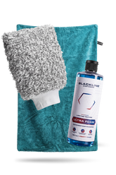 Blackline Car Care ULTRA FOAM car shampoo in 16oz bottle, featuring a vibrant Liberty Razz color and complete cleaning system.