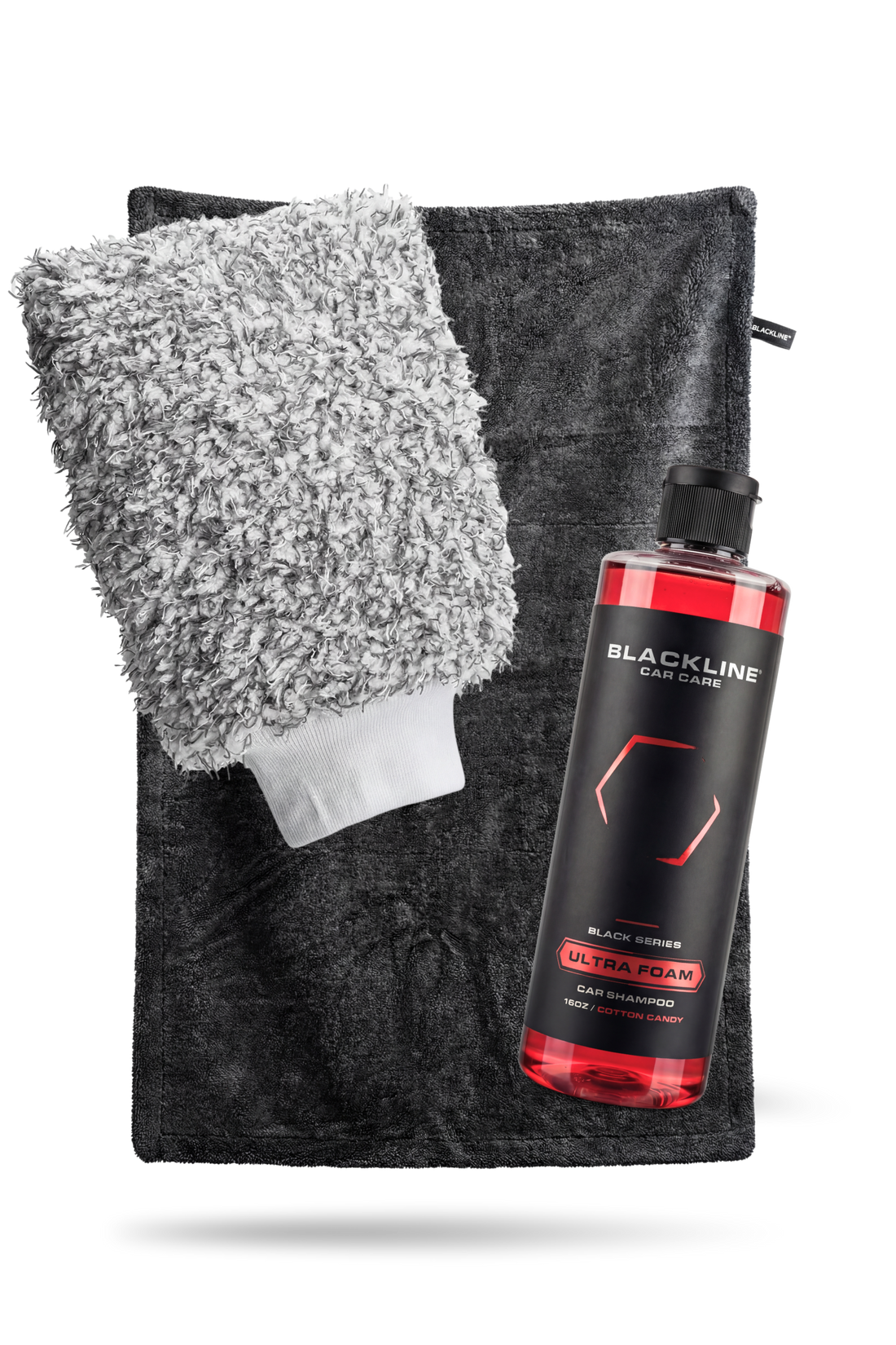 Blackline Car Care BLACKLINE® ULTRA FOAM car shampoo in 16oz bottle, featuring a cotton candy-colored label and complete cleaning system.