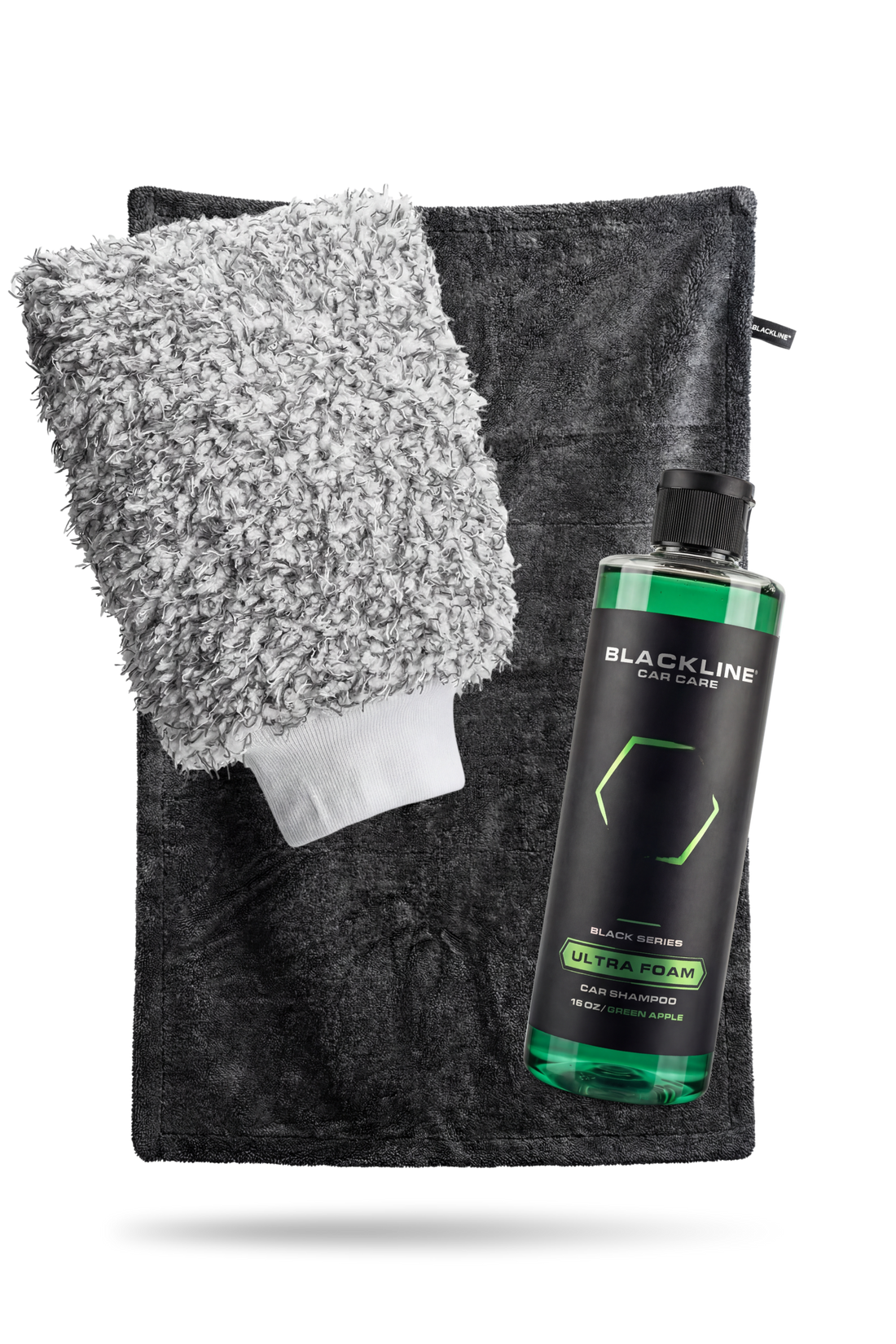 Blackline Car Care BLACKLINE® ULTRA FOAM car shampoo in a 16oz green apple-scented bottle with a complete cleaning system.