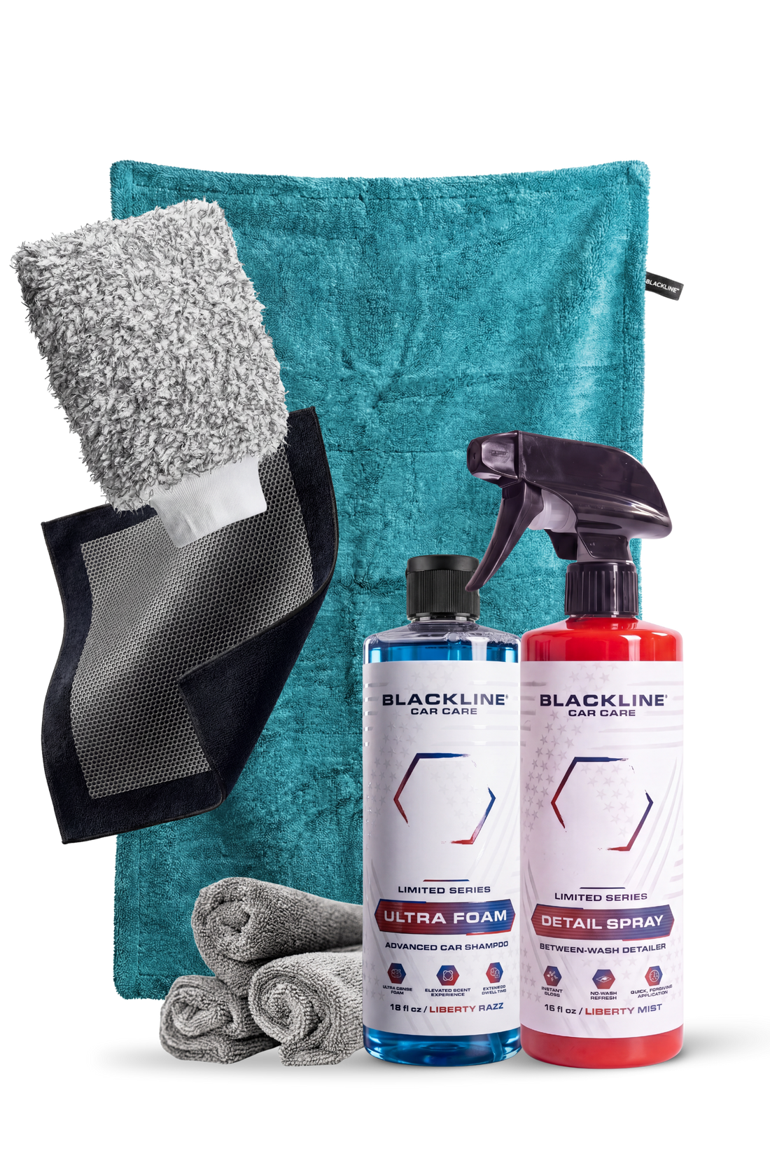 Blackline Car Care BLACKLINE® ULTRA FOAM car shampoo in 16oz bottle with Liberty Razz scent, showcasing foam and cleaning action.