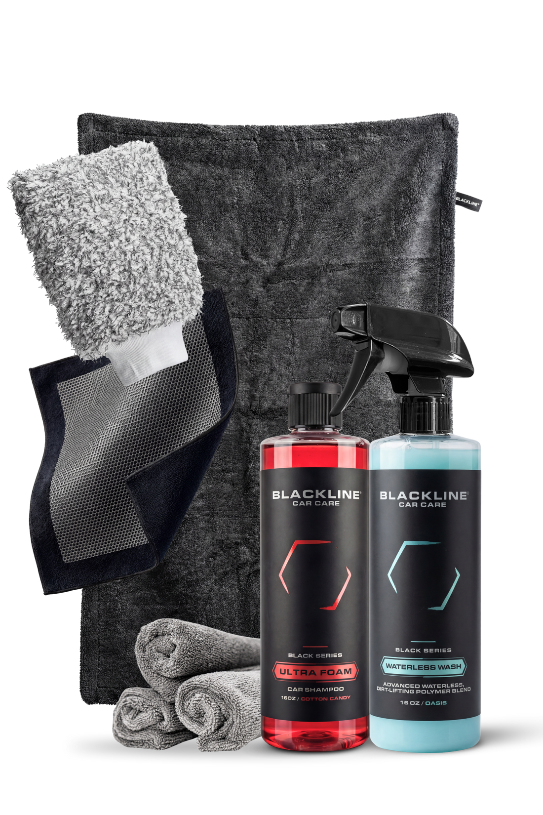 Blackline Car Care BLACKLINE® Ultra Foam car shampoo in 16oz bottle, showcasing rich foam and cotton candy scent.