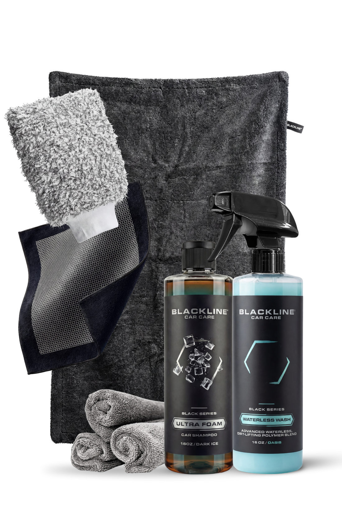 Blackline Car Care BLACKLINE® Ultra Foam car shampoo in 16oz dark ice bottle, showcasing rich foam and sleek packaging.