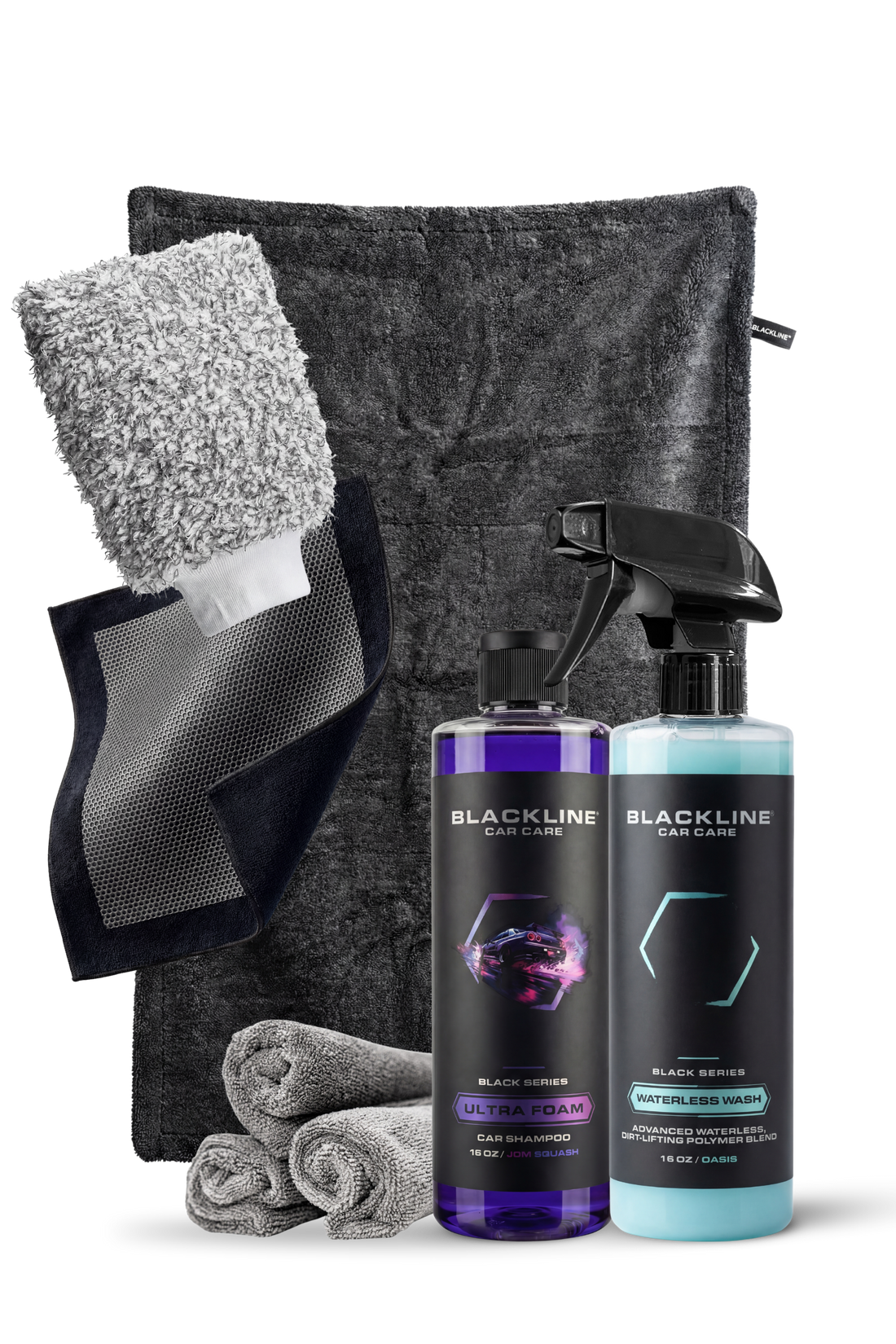 Blackline Car Care BLACKLINE® Ultra Foam car shampoo in a 16oz bottle, showing rich foam and sleek packaging for effective vehicle cleaning.