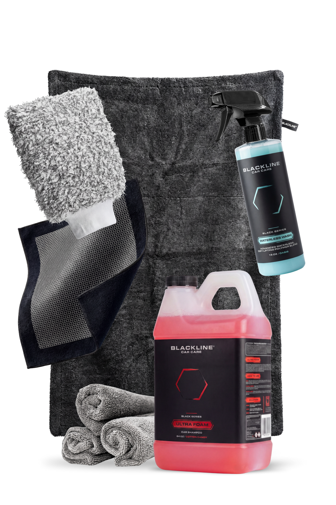 Blackline Car Care BLACKLINE® Ultra Foam car shampoo in a 64oz bottle, with a cotton candy scent and rich foam for cleaning vehicles.