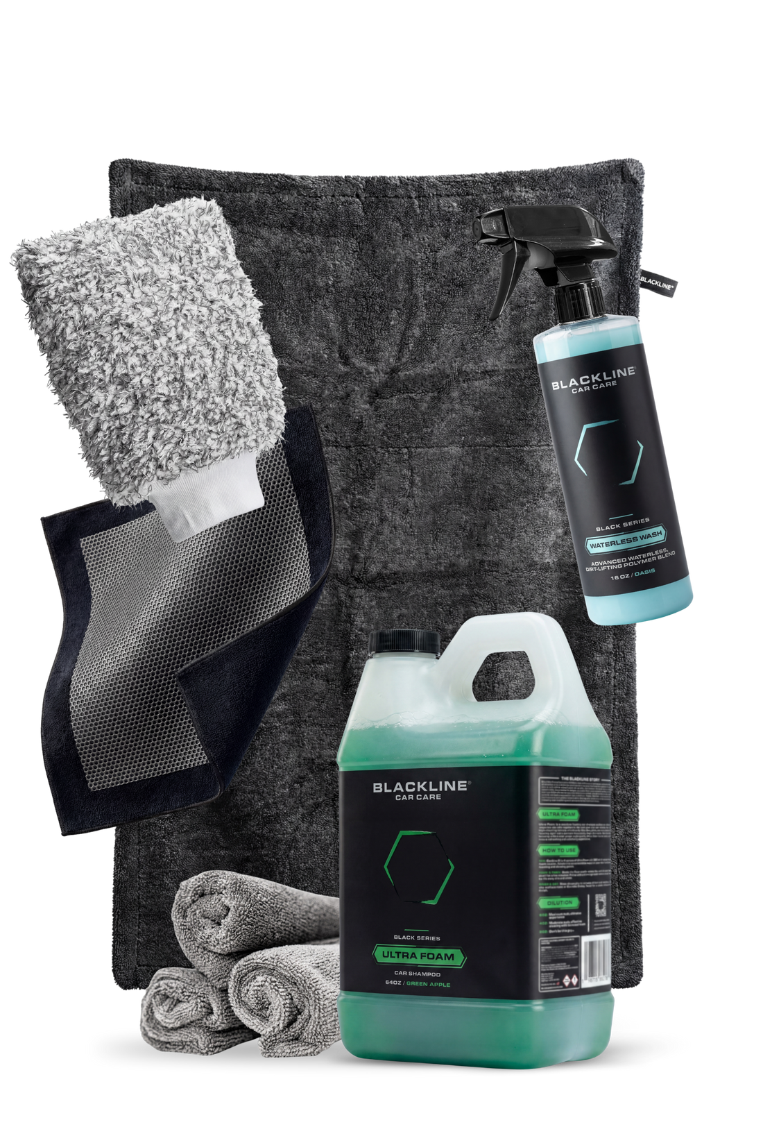 Blackline Car Care BLACKLINE® Ultra Foam car shampoo in a 64oz green apple-scented bottle, showing the foam and label.