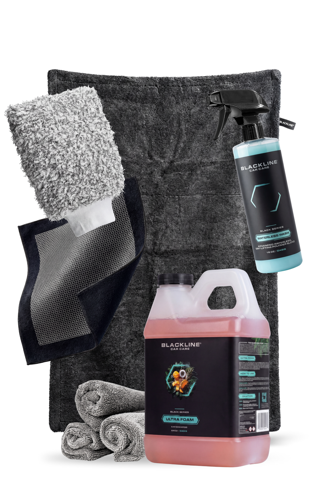 Blackline Car Care BLACKLINE® Ultra Foam car shampoo in a 64oz bottle, showing rich foam for vehicle cleaning.