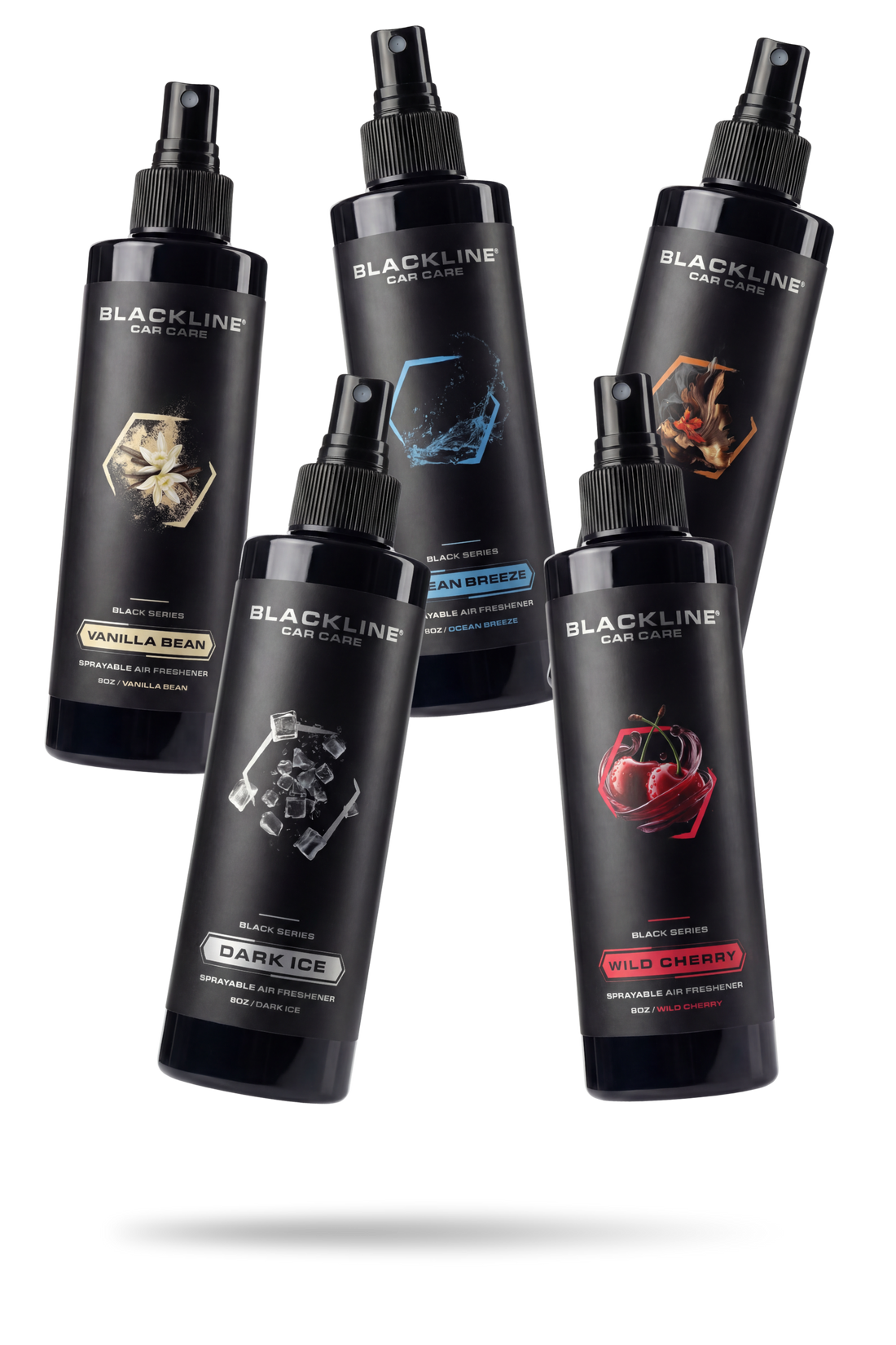 Blackline Car Care BLACKLINE® 8oz air freshener pack with five car air fresheners in various scents.
