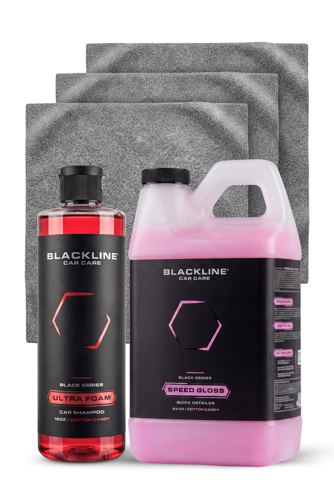 Blackline Car Care BLACKLINE® SPEED GLOSS Quick Detailer gloss spray bottle on a reflective surface with a black background.