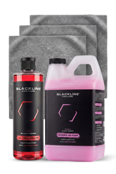 Blackline Car Care BLACKLINE® SPEED GLOSS Quick Detailer gloss spray bottle on a reflective surface with a black background.