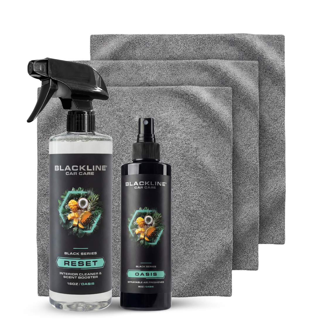Blackline Car Care Blackline® 8oz Car Air Freshener with Oasis scent, shown in its complete system for freshening vehicle interiors.