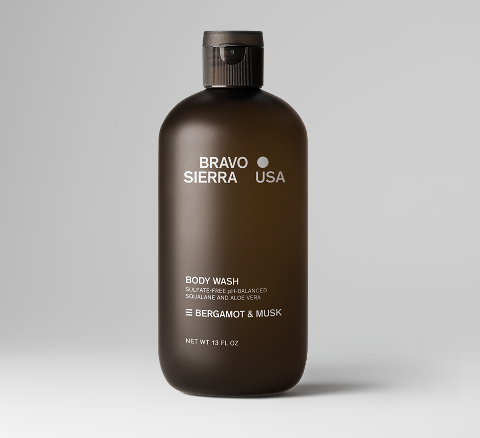 Bravo Sierra body wash with bergamot and musk scent, showing the sleek bottle and fresh ingredients.