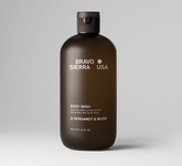 Bravo Sierra body wash with bergamot and musk scent, showing the sleek bottle and fresh ingredients.