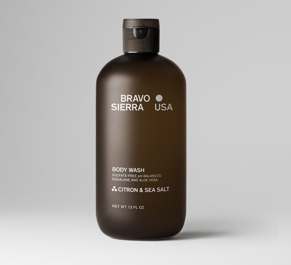 Bravo Sierra body wash with citron and sea salt, showcasing the refreshing liquid in a clear bottle.