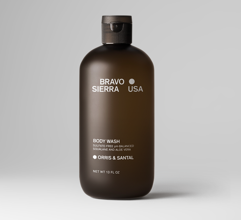 Bravo Sierra body wash with Oris and Santal scent, featuring a sleek bottle and creamy lather for refreshing cleansing.