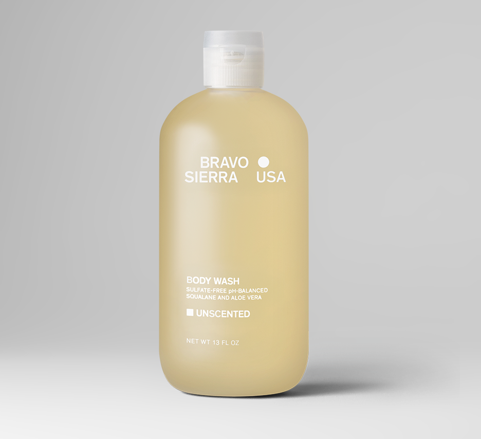 Unscented Bravo Sierra body wash bottle showing clear label and pump dispenser, designed for gentle cleansing and skin care.