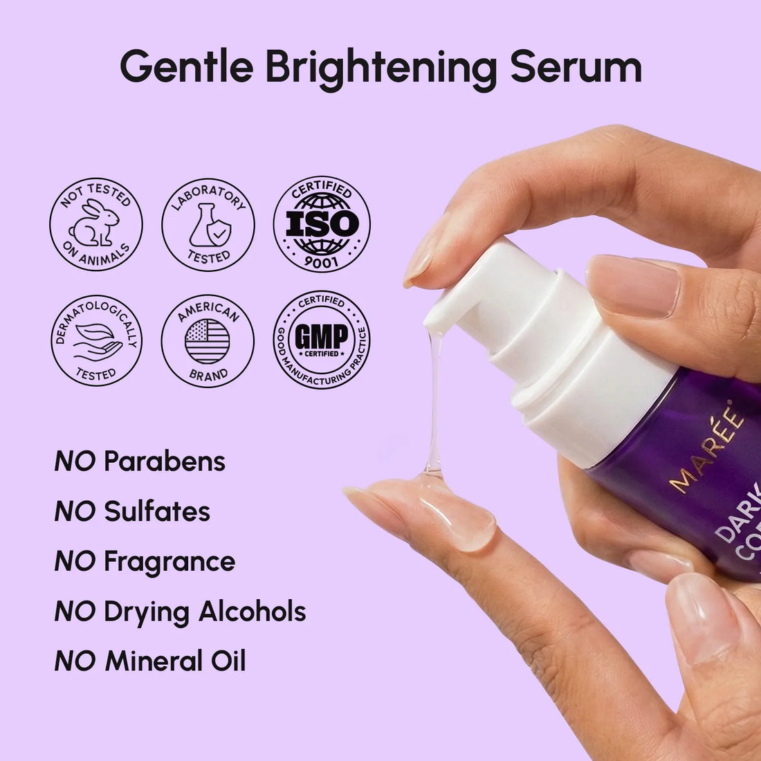 Maree Face &amp; Body Serum for dark spots, showing a clear glass bottle with dropper and the serum inside.
